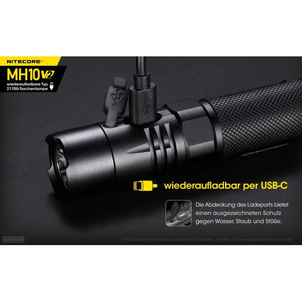 Torcia LED MH10 V2, 1.200 lumen, incluso cavo di ricarica USB-C e batteria