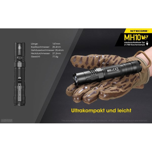 Torcia LED MH10 V2, 1.200 lumen, incluso cavo di ricarica USB-C e batteria