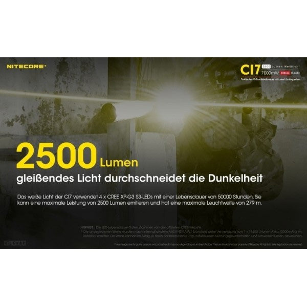 Torcia tattica a LED CI7, 2.500 lumen, batteria inclusa