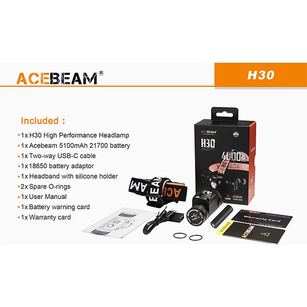 Lampada frontale H30 R+G, 4.000 lumen, 6.500 Kelvin (batteria inclusa)