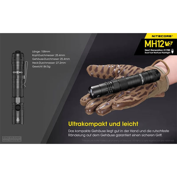 Taktische LED-Taschenlampe MH12 V2, 1'200 Lumen, inkl. Akku