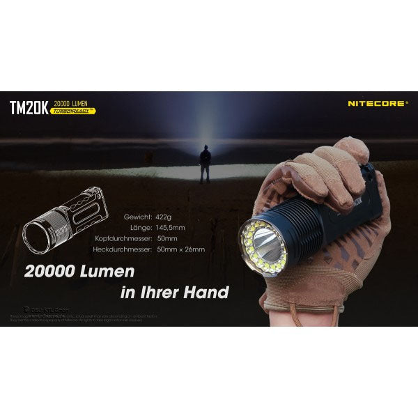 Torcia tattica a LED TM20K, 20.000 lumen, incl. batterie