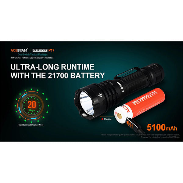 torcia tattica a LED DEFENDER P17, 4.900 lumen (batteria inclusa)