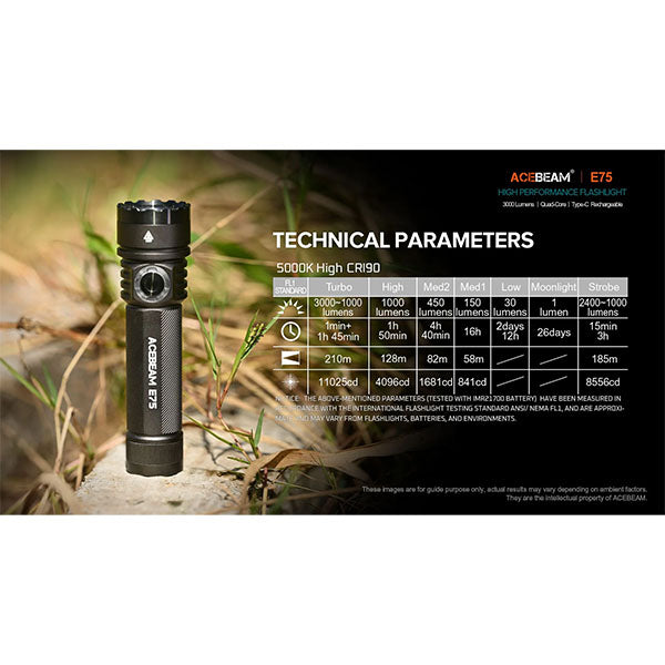 Torcia LED E75, 3.000 lumen (incl. batteria e accessorio per il controllo del traffico rosso e bianco)