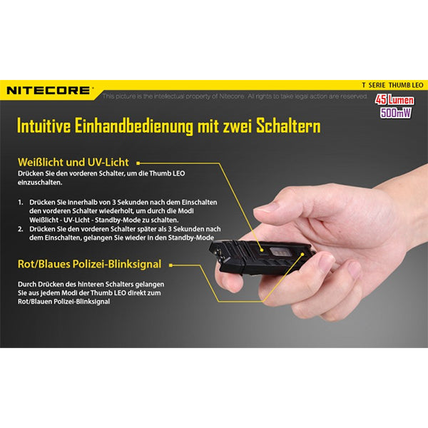 NITECORE TORCIA LED THUMB UV - 45 lumen (inclusa batteria con connessione micro-USB)