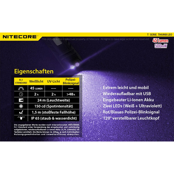 NITECORE TORCIA LED THUMB UV - 45 lumen (inclusa batteria con connessione micro-USB)