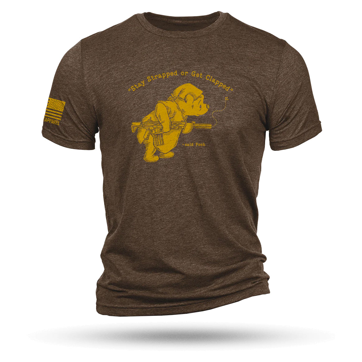 T-shirt POOH BEAR "Stay Strapped or Get Clapped", triblend marron