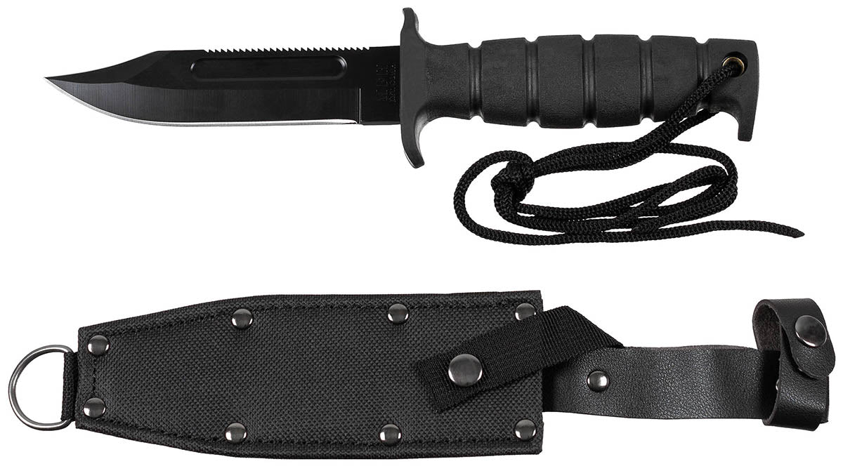 Coltello da pilota, nero, manico in gomma, fodero