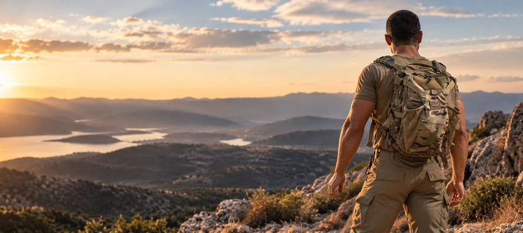 Wanderer mit Agilite Rucksack über goldenem Sonnenuntergang-Tal