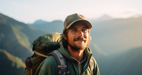 Junger Wanderer mit Baseballcap und Rucksack