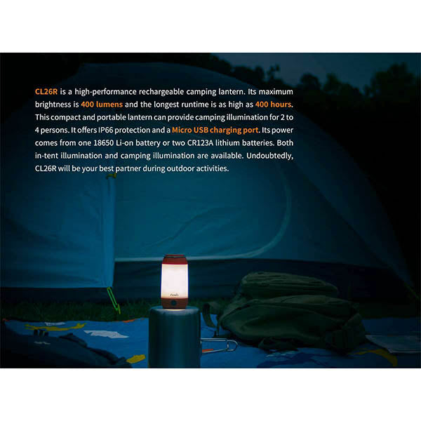 Lampada da campeggio a LED, CL26R - 400 lumen (incl. batteria 18650, 2.600 mAh)