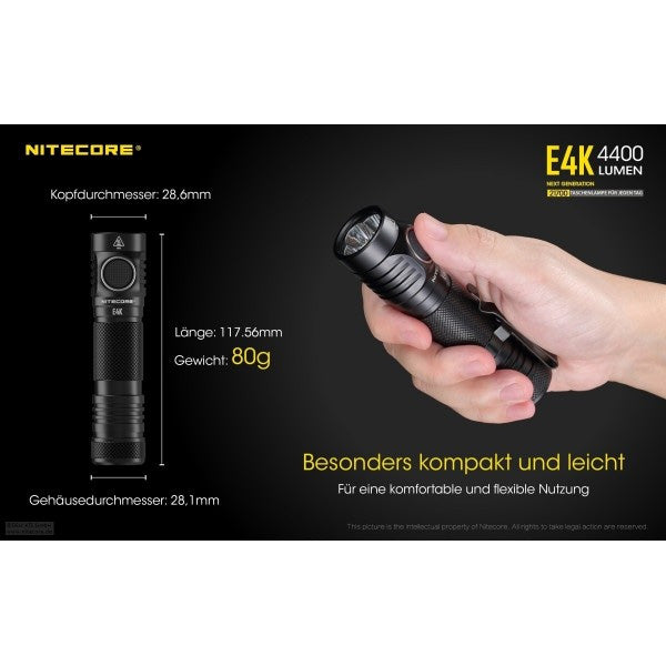 LAMPE DE POCHE LED NITECORE E4K - 4 400 lumens, incl. batterie