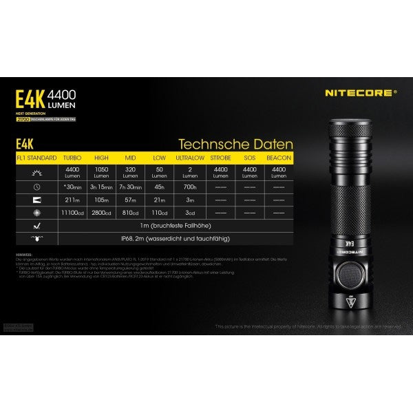 LAMPE DE POCHE LED NITECORE E4K - 4 400 lumens, incl. batterie