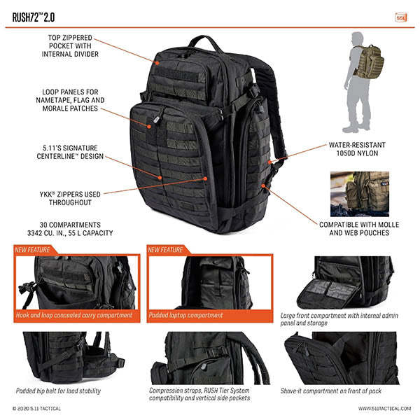Sac à dos tactique, RUSH 72 2.0, 55 litres, multicam