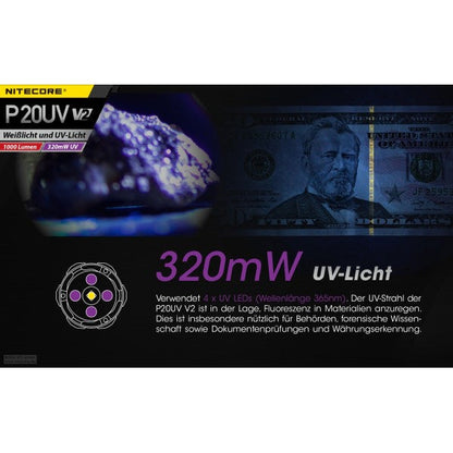 Lampe de poche tactique LED P20UV V2, 1 000 lumens, sans batterie 
