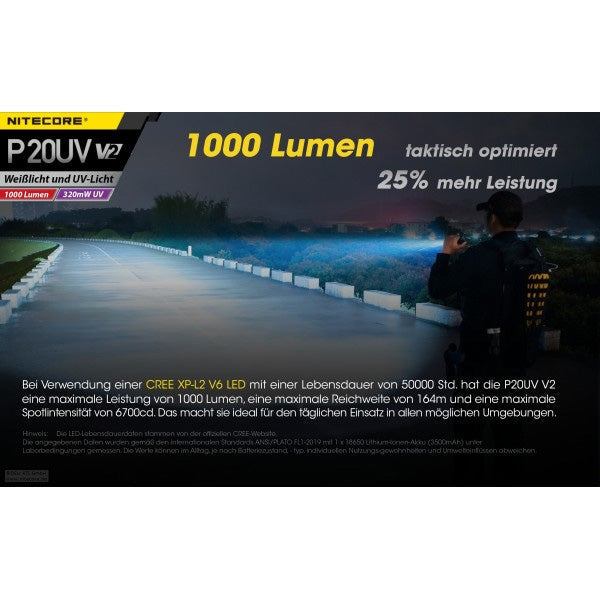 Taktische LED-Taschenlampe P20UV V2, 1'000 Lumen, ohne Akku