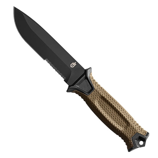 Coltello tattico STRONGARM, lama seghettata, marrone coyote