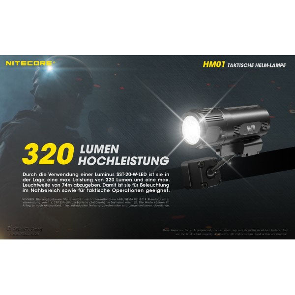 NITECORE LED LIGHT HM01 per casco - 320 lumen (inclusa batteria CR123A), nero