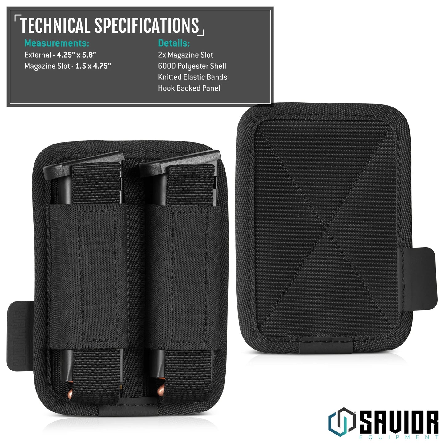 Pistol Mag Holder – 2 Slots – Hook Backing, Black