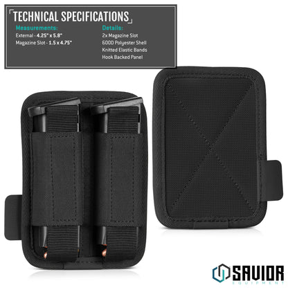 Pistol Mag Holder – 2 Slots – Hook Backing, Black