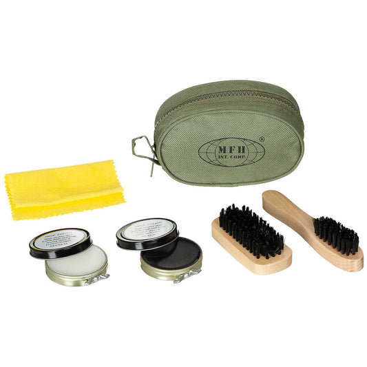 Set pulizia scarpe, oliva, 2 spazzole, 2 contenitori per lucido da scarpe